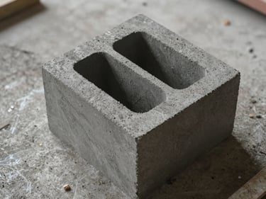 Close-up overhead of an AAC partition block on active job-site floor, block geometry sharp, natural overcast daylight, no text