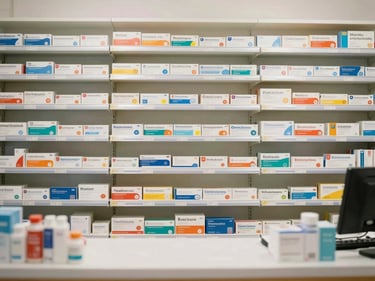 Wide shot of neatly organized pharmacy shelves with labeled medication boxes in disciplined rows, warm white lighting, pharmacy counter visible in foreground