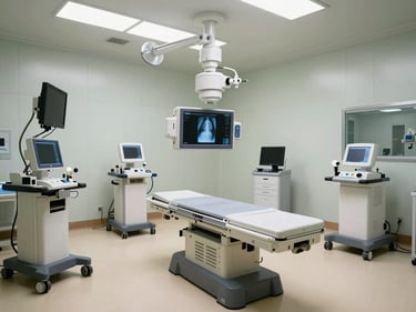 Wide shot of a clean, organized X-ray room with imaging equipment positioned and ready, bright overhead clinical lighting, no patient present, matter-of-fact framing