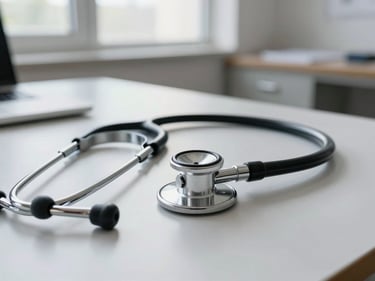 Close-up of a stethoscope resting on a clean desk in a bright consultation room, natural daylight from a nearby window, organized and ready