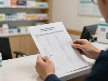 Patient holding a printed health results summary at a clinic reception counter, warm clinical lighting, close-up on hands and document, organized pharmacy shelves softly visible in background