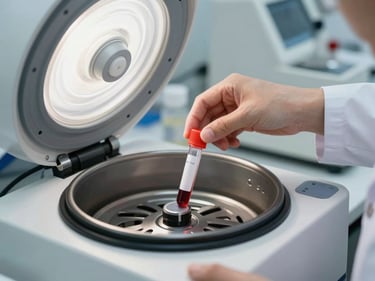 Lab technician placing a blood sample tube into a centrifuge, bright overhead clinical lighting, close-up framing showing precise hands and organized equipment