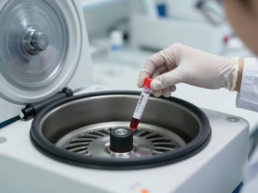 Close-up of a lab technician's gloved hands loading a blood sample tube into a centrifuge, bright clinical lighting, clean lab bench visible in background