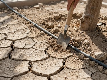 Close detail of dry cracked Dubai garden soil being worked with a hand tool, a small irrigation line visible beside it, harsh overhead sunlight bleaching the pale earth around a tree base