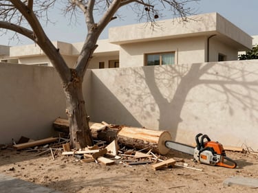 Wide environmental shot of a storm-damaged tree being sectioned near a Dubai villa wall, chainsaw visible in use, debris on dry sandy ground, harsh afternoon light flattening shadows