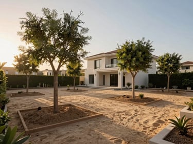 Wide shot of a completed Dubai villa garden post-landscaping, showing tree positioning and clear sightlines across sandy-toned ground, no decorative props, golden-hour light raking across the layout from the left
