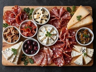Overhead flatlay of a composed charcuterie and antipasto board arranged for a corporate inauguration — cured meats, artisanal cheeses, small bowls of antepasto, fresh herbs, warm natural light, no people