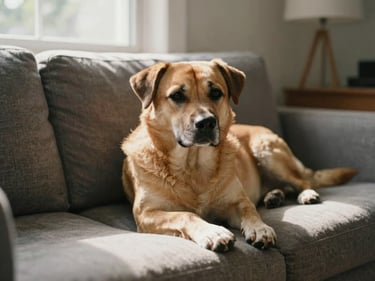 A medium-sized dog lying on a sofa in a sunlit apartment living room, paws stretched forward, soft afternoon light through a window, candid and natural, no people