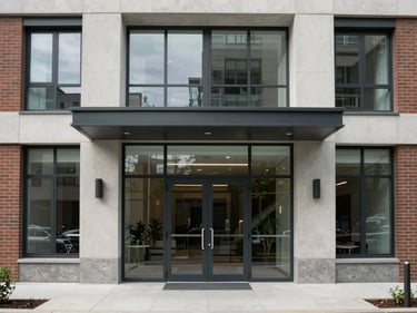 Straight-on exterior photo of a modern apartment building facade, overcast daylight, glass entry doors visible, clean concrete and brick finish