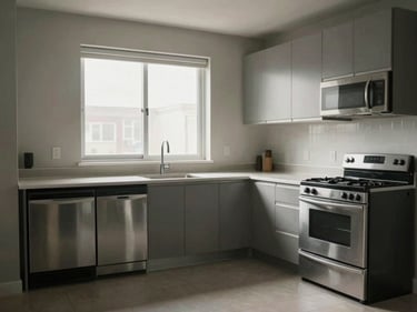 Wide interior shot of an empty studio apartment kitchen area, north-facing window light, stainless steel appliances, clean countertop, no people or decor