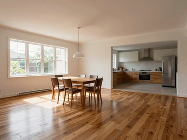 Wide-angle interior of a bright three-bedroom house, empty dining area under natural window light, polished wood floors, open-plan kitchen visible in background