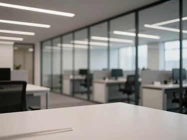 Close-up detail of a modern office interior, clean desk surfaces under diffused ceiling light, floor-to-ceiling glass partition, empty open-plan workspace