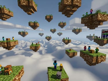 Overhead wide Minecraft SkyWars map screenshot, dozens of floating islands spread across a void sky, players visible on multiple islands collecting chests, game scoreboard visible on right side of screen, dramatic cloud layer below the islands, unretouched in-game screenshot