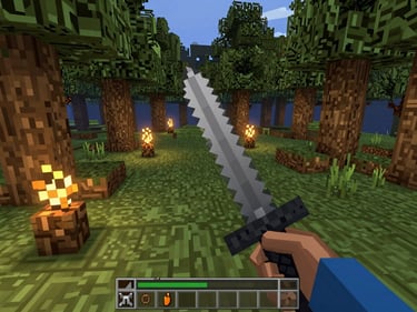 Close-up first-person Minecraft survival perspective, player hand holding a diamond sword, dense forest biome at dusk, health bar and hotbar UI visible at frame bottom, torches casting warm light on nearby logs, unretouched in-game screenshot