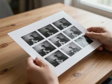 Hands holding a printed contact sheet of black and white photographs over a wooden table, natural diffused north-facing window light, close study of fingers and paper texture, no faces visible
