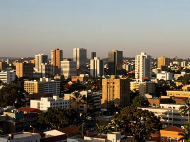 Panoramic view of Nairobi's urban landscape, infrastructure development, natural shadows, wide-angle lens.