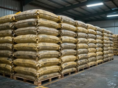 Wide shot of woven bulk commodity sacks stacked in a Caribbean warehouse, cool overhead industrial lighting, neat rows of identical sacks extending into background depth