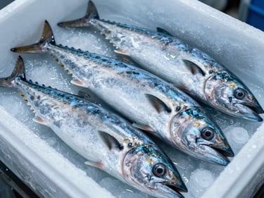 Close overhead shot of frozen mahi-mahi fillets packed in a cold storage tray, frost visible on the surface, cool blue-white warehouse lighting, product quality detail focus