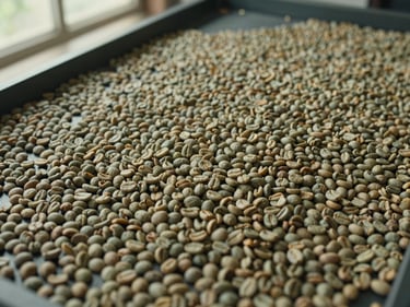 Overhead shot of green and roasted coffee beans spread across a sorting table at a Caribbean origin facility, natural daylight from a high window, grain texture clearly visible