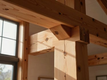 Detail of heavy timber beam end with visible hand-cut joinery inside a custom home interior, warm north-facing window light falling across the grain, showing precise craftsmanship