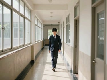 Wide shot of an orderly school hallway, natural light streaming through windows along one side, a student walking independently toward a classroom door — unhurried, dignified