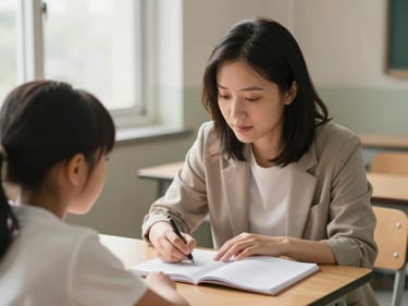Close-medium shot of a teacher crouching beside a student's desk under soft window light, both looking at an open notebook — warm, unhurried, relational