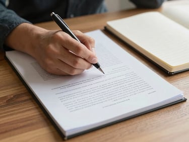 Hands annotating a printed document on a wooden desk, soft overhead natural light, a pen mid-motion, notebook open beside it — detail shot, practitioner scale