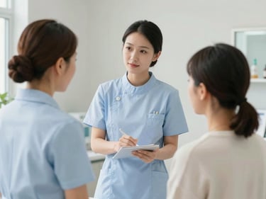 Nurse assisting a patient in a modern clinic, clean uniform, gentle lighting, professional