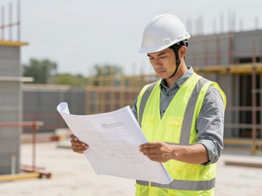 Construction worker reviewing blueprints on site, hard hat, safety vest, bright daylight, unposed