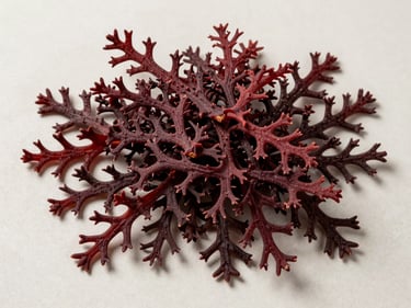 Overhead flat-lay of dried Hypnea seaweed on a pale neutral surface, dense dark-red branching fronds with hooked tips, bright diffused studio light, shadow-free, true color showing species variation