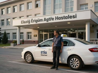 A taxi cab waiting at the entrance of Elazığ Eğitim Araştırma Hastanesi, driver standing beside vehicle, morning light, wide shot showing hospital facade in background