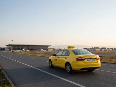 Taxi cab on the approach road to Elazığ Airport at early morning, terminal building in far background, open road, flat light, documentary framing