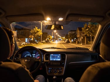 Interior view from taxi back seat at night, Elazığ street lights streaming past window, dashboard glow, honest tungsten interior light, passenger perspective