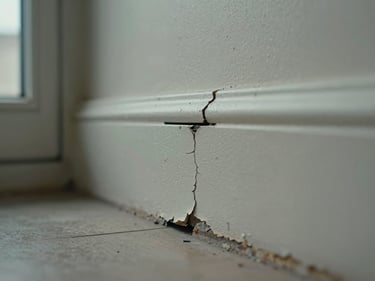 Extreme close-up of a cracked baseboard at floor level, old paint peeling, thin dark gap running horizontally, cool window light from the side, no people
