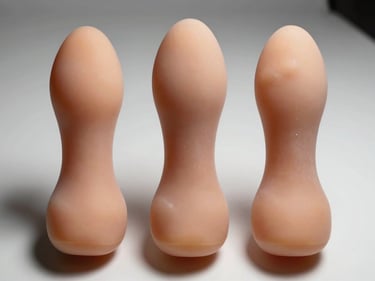 Overhead close-up of three realistic latex dildos arranged in a row on a white studio surface, strong side directional lighting highlighting surface texture and dimensional scale, clean neutral background, no people, no lifestyle context