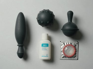 Overhead studio flat-lay of four accessory items — a small anal plug, a ben-wa ball set, a lubricant bottle, and a condom packet — arranged with even spacing on a clean white-grey surface, strong directional overhead lighting, no people, no lifestyle context.