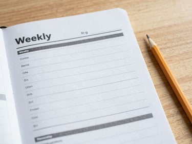Overhead close-up of a printed weekly meal planner sheet on a light wooden surface, a pencil resting beside it, soft daylight from one side, calm and tidy