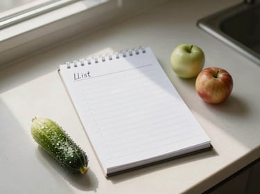 Overhead shot of a grocery list notepad on a pale counter, a few loose produce items beside it, soft morning window light, organized and minimal
