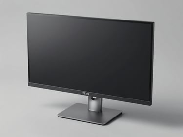 Three-quarter overhead shot of a 27-inch IPS monitor on a neutral grey surface, studio strobe lighting, ports and stand detail visible, clean minimal shadow, no lifestyle props