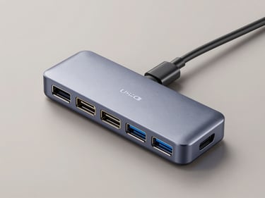 Three-quarter flat-lay of a USB-C docking station on a neutral surface, studio overhead lighting, port array including Thunderbolt, HDMI, and USB-A clearly visible, no lifestyle props