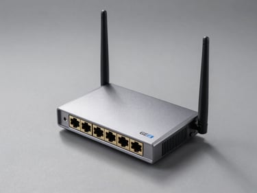 Three-quarter flat-lay of a dual-WAN gigabit router on a neutral grey surface, antenna ports and WAN ports in sharp detail, controlled studio strobe, clean minimal shadows