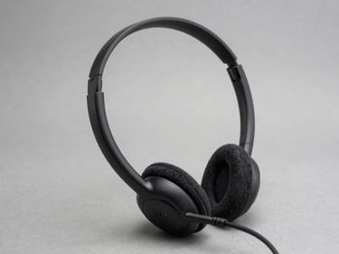 Three-quarter overhead shot of a USB headset with microphone boom arm on a neutral grey surface, studio controlled lighting, connector and cushion detail visible, no lifestyle staging