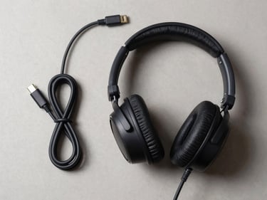 Overhead flat-lay of over-ear stereo headset with USB-C and 3.5mm cables coiled beside it on a neutral surface, studio strobe lighting, ear cushions and connector detail sharp, clean shadow