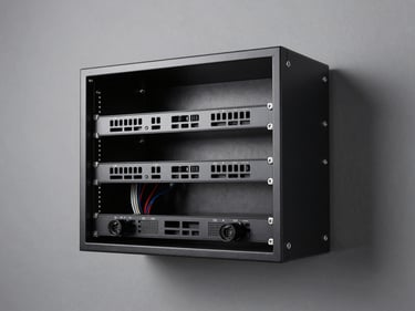 Three-quarter overhead shot of a 12U open-frame wall-mount rack on a neutral grey surface, rack unit markings and cable management slots in detail, clean studio strobe lighting