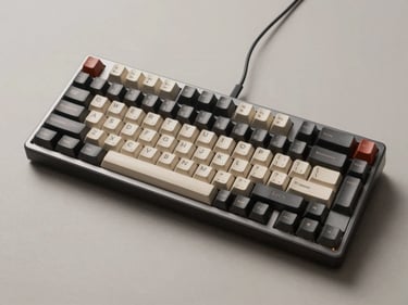 Three-quarter overhead shot of a full-size mechanical keyboard on a neutral surface, studio overhead lighting, keycap legends and USB-C cable clearly visible, minimal shadow
