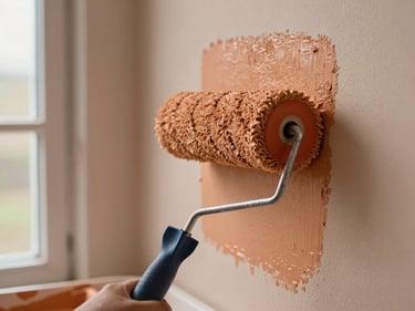 Close-up of a paint roller applying warm ochre paint to a wall, clean cutting edge at the corner, natural daylight from a nearby window, paint tray visible at the base