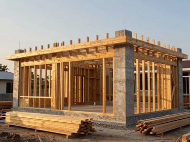 Wide environmental shot of a house frame under construction in Nganjuk, warm golden-hour light on timber beams and concrete columns, building materials stacked nearby