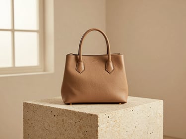 An elegant tan leather handbag placed on a travertine stone block, soft warm lighting, minimalist background, detailed craftsmanship.