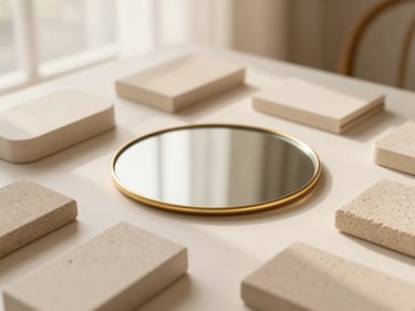 A curated flat-lay of modern lifestyle accessories and a gold-rimmed mirror on a cream surface, soft diffused daylight.