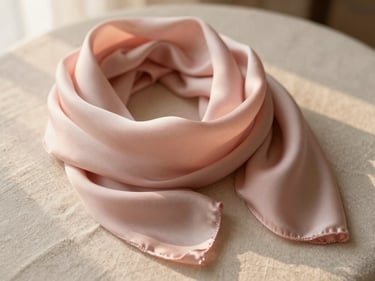 Soft pink silk scarf draped gracefully over a neutral linen surface, warm golden-hour glow, shallow depth of field, delicate texture.